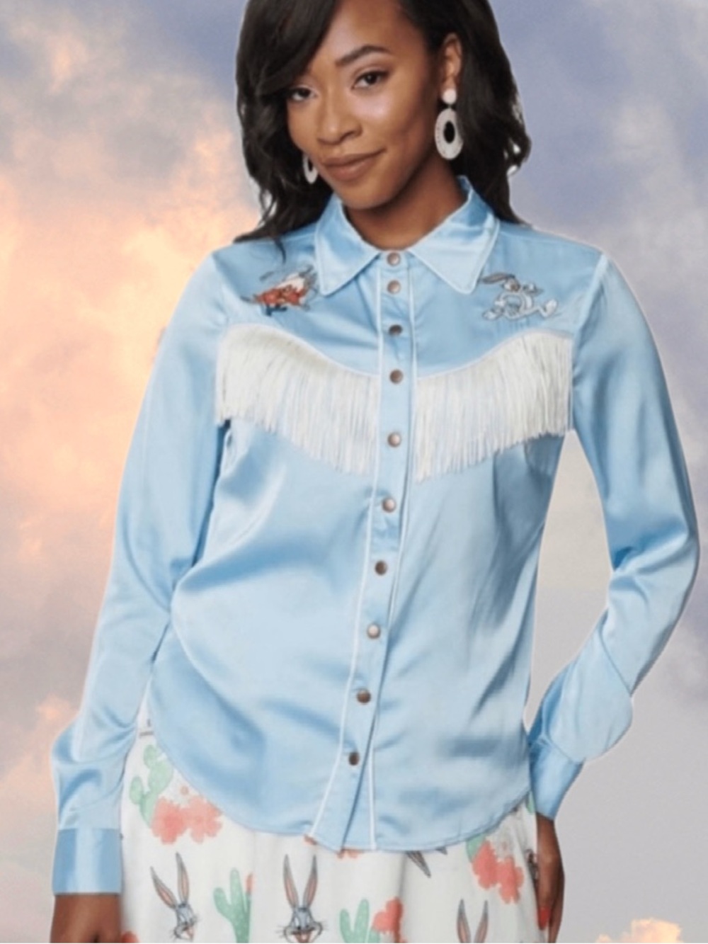 Unique Vintage Light Blue Satin Fringe Button-Down Shirt Looney Tunes Western - Picture 2 of 6